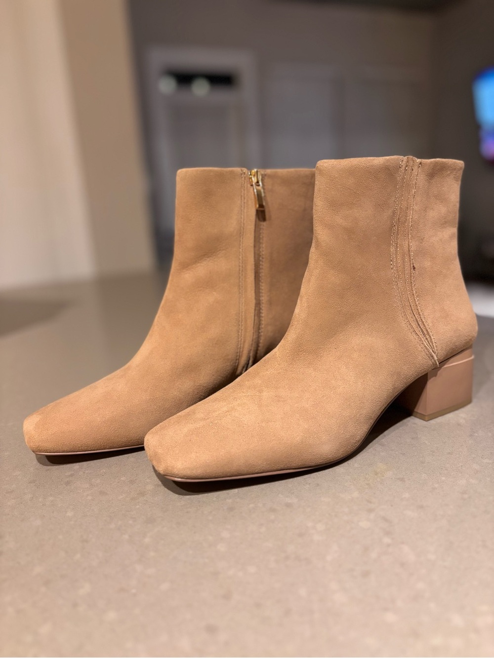 Women’s Tan Suede Ankle Booties with Block Heel